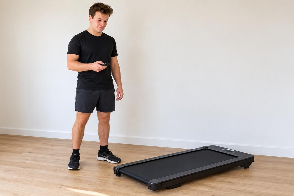Casper naast een lage VirtuFit WP100 mini loopband