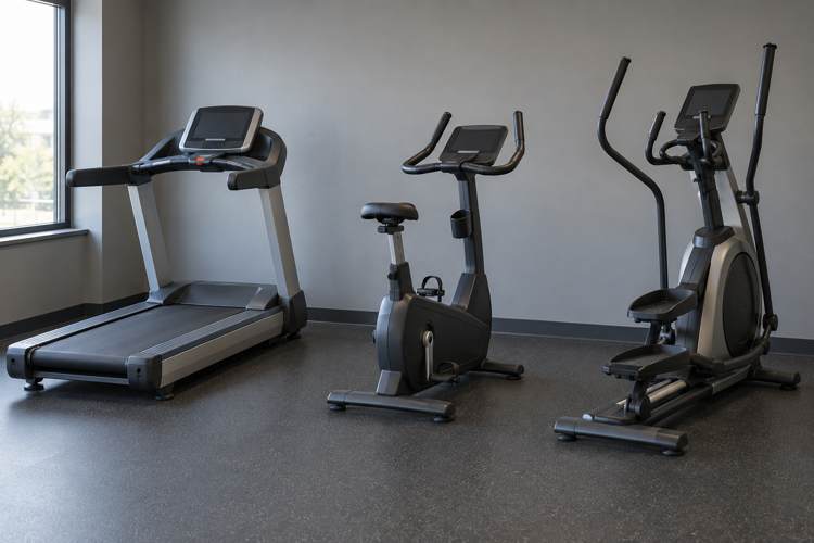 Loopband hometrainer en crosstrainer in een fitnessruimte