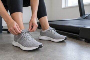 Hardloopschoenen aantrekken naast een loopband